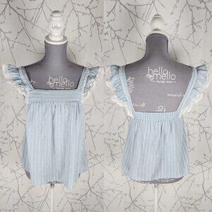 Axara Paris Blue Stripe Square Neck Ruffle Cap Sleeve Top